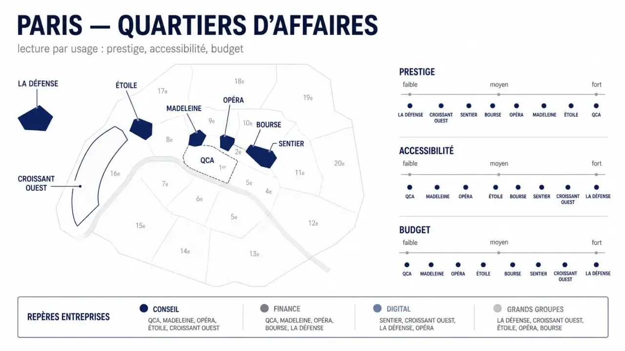 Quartier des affaires de Paris : où s’implanter selon son activité, carte comparative des principaux quartiers et de leurs usages