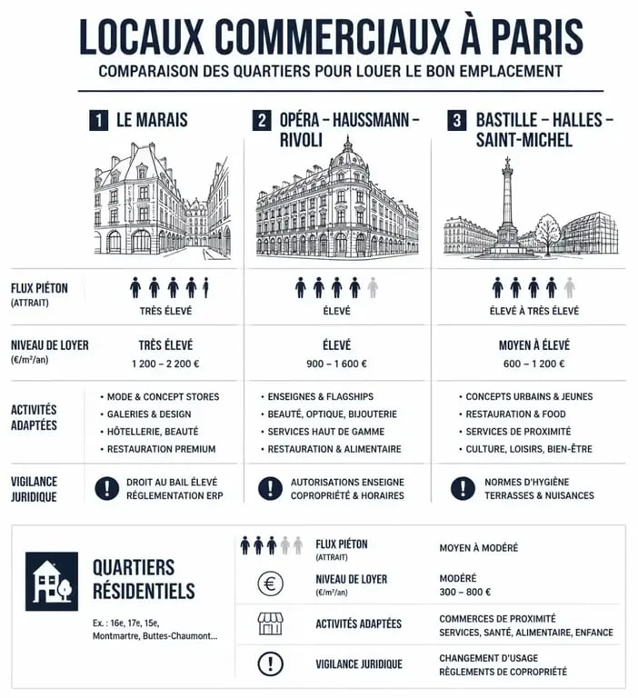Location locaux commerciaux Paris : comparaison visuelle des quartiers, des flux et des critères de choix