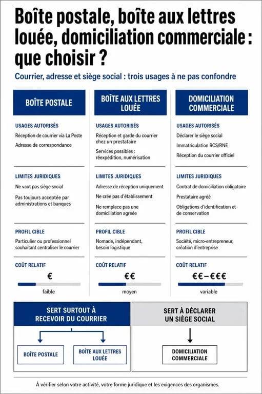 Infographie sur la location boîte aux lettres pour domiciliation : comparaison entre boîte postale, boîte aux lettres louée et domiciliation commerciale