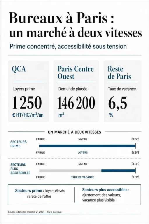 Loyer bureau Paris au m2 : infographie éditoriale comparant le QCA, Paris Centre Ouest et le reste de Paris avec les chiffres clés du marché