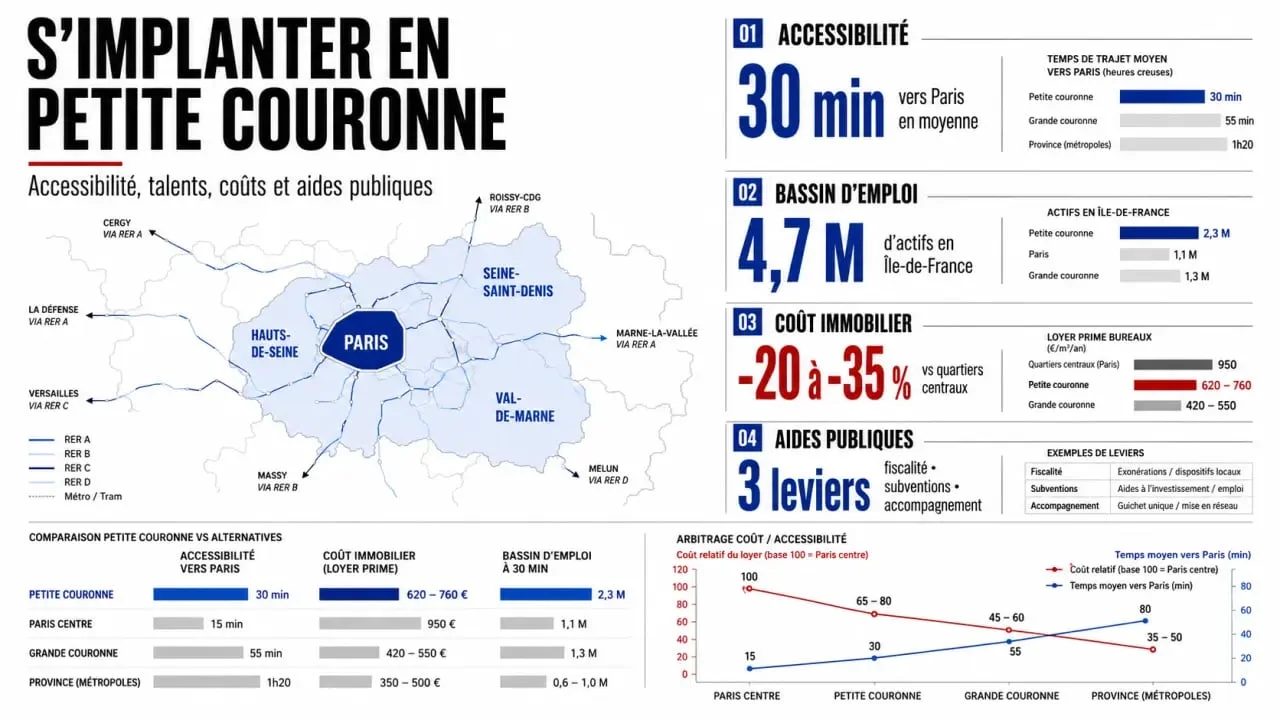 Visuel de synthèse sur l’implantation entreprise petite couronne avec accès, bassin d’emploi, coûts et aides