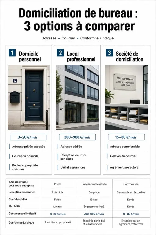 Comparatif domiciliation bureau entre domicile personnel, local professionnel et société de domiciliation