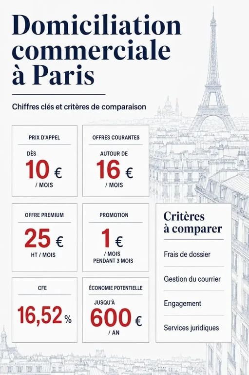 Synthèse visuelle de la domiciliation commerciale paris avec prix, CFE et critères de comparaison
