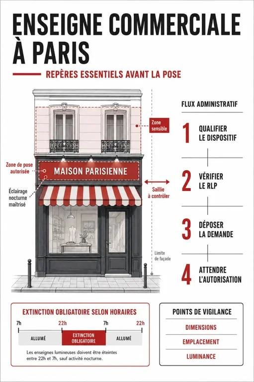 Enseigne commerciale Paris règles : infographie des autorisations, zones et contraintes d’installation