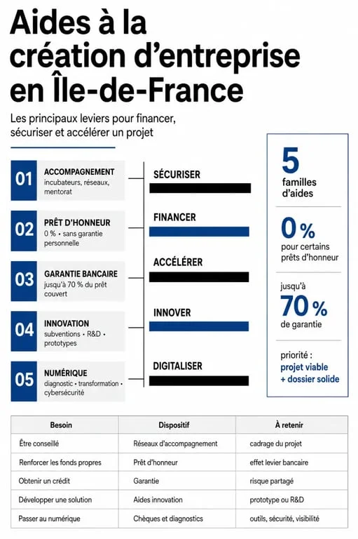 Infographie aide à la création d'entreprise île de france présentant les principaux dispositifs, montants et conditions