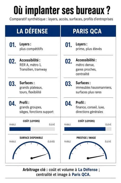 La Défense : ce qu'il faut savoir avant d'y installer ses bureaux, comparaison visuelle des loyers et des atouts avec Paris QCA